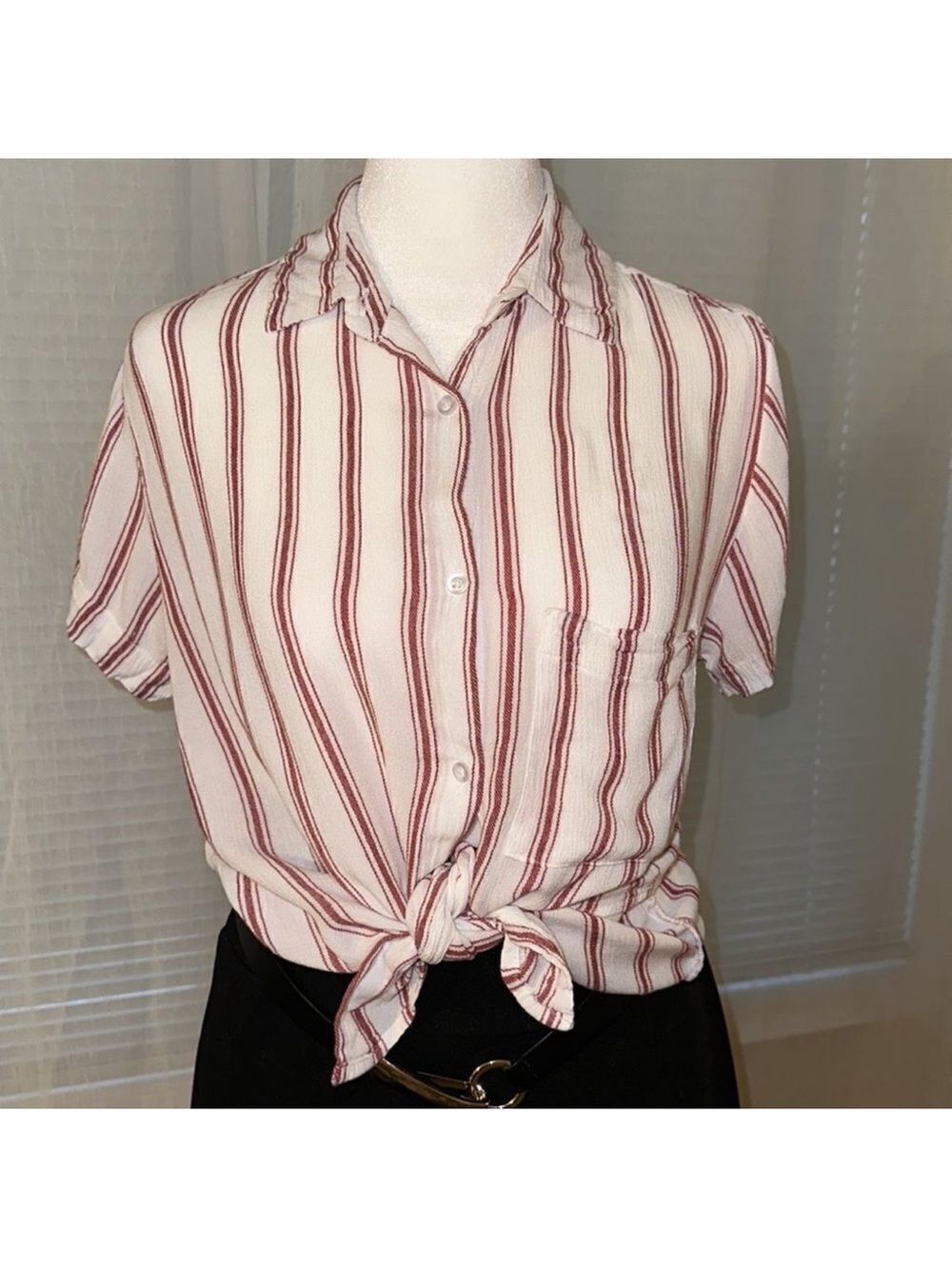 Japna M White Cranberry Red Vertical Striped Short Sleeve Button Down Shirt